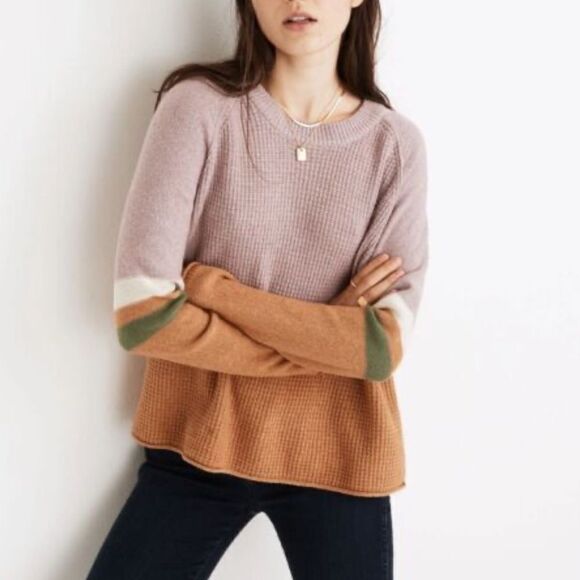 Madewell Striped Roll-Trim Waffle Pullover Sweater in Cotton-Merino Yarn - Picture 1 of 8